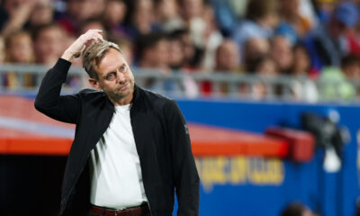 Hammarby head coach Martin Sjögren watches from the sidelines during a UEFA Women's Champions League match against FC Barcelona Femeni in October 2024.