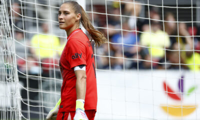 Aubrey Kingsbury stands in goal during a match between the Washington Spirit and NJ/NY Gotham FC at Audi Field in Washington, D.C. on April 26 2025.