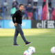 Bay FC head coach Albertin Montoya on the field before a match in San Jose, California.