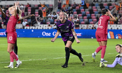 Sophie Schmidt celebrates scoring the last winner while three different North Carolina Courage players react in opposite directions at Shell Energy Stadium in Houston, Texas on August 8, 2025.