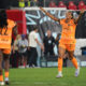 Yazmeen Ryan celebrates with Michelle Alozie after Alozie scored the match winner in Houston Dash's game against Gotham FC in Harrison, New Jersey on August 17, 2025.