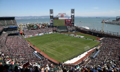 Overhead angle of the crowd at Oracle Park for the match between Bay FC and the Washington Spirit on August 23, 2025.